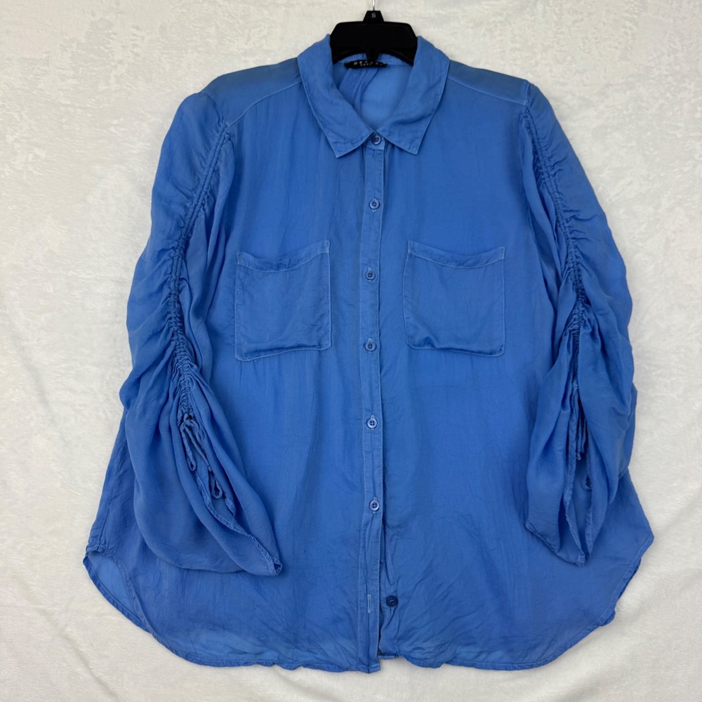 Maven‎ West Blue Cupro Ruched Sleeve Button Down Sheer Blouse Medium Made in USA